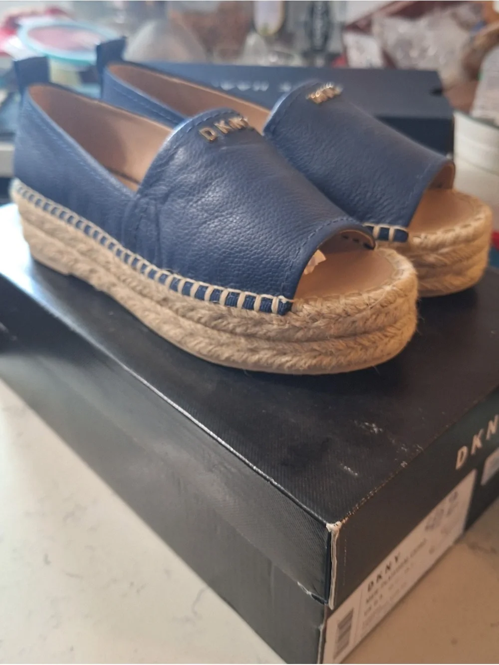 DKNY Blue Leather Espadrille Peep-Toe Slip-Ons